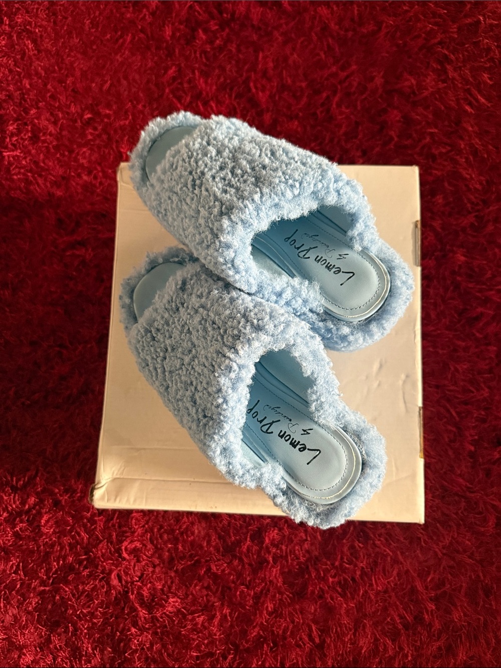 Privileged Light Blue Fuzzy Wedge Slides-Rave Ready